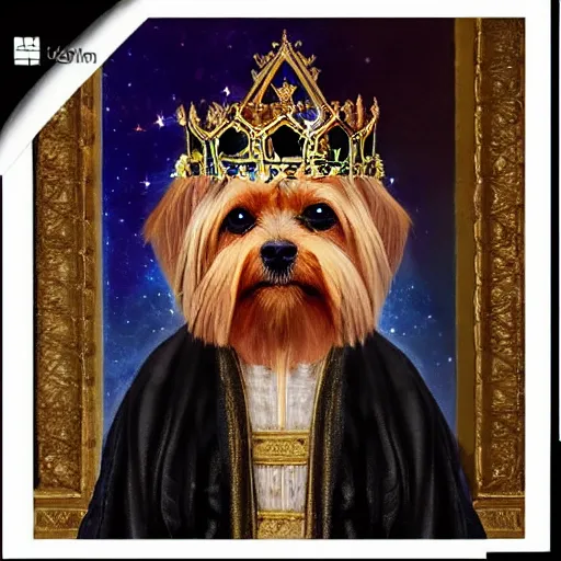 Image similar to “an oil painting portrait of a Yorky dog wearing medieval royal robe and an ornate crown on a dark nebula background” digital Art, concept Art, highly detailed, 3-D 4K, trending on art station, Award winning, Mark Brooks,