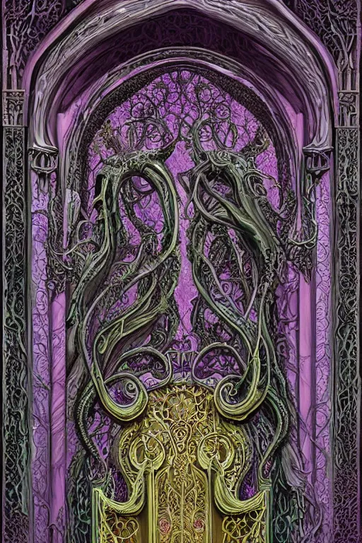 Image similar to art nouveau baroque architecture, demonic lovecraftian mouth gateway doorway portal to infernal hell, ornate stonework, made of bone and teeth, hyperdetailed cosmic gems, volumetric lighting, sigils, magenta and green color palette, wayne barlowe , moebius, yoshitako amano