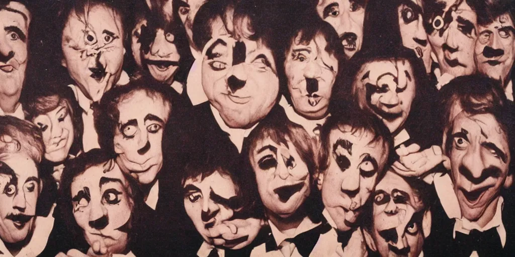 Image similar to midget band with faces on their chest, 1980s surrealism aesthetic, detailed facial expressions