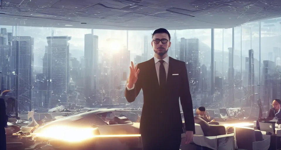 Image similar to Dramatic photo of a CEO waving to a large group of his coworkers in a futuristic office. Golden coins are levitating all around them. 8k, high detail, trending on Artstation, volumetric lighting, cyberpunk