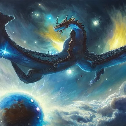 Image similar to prompt crystalline blue European dragon in space devouring a planet, sun system, nebula, oil painting, by Fernanda Suarez and and Edgar Maxence and greg rutkowski