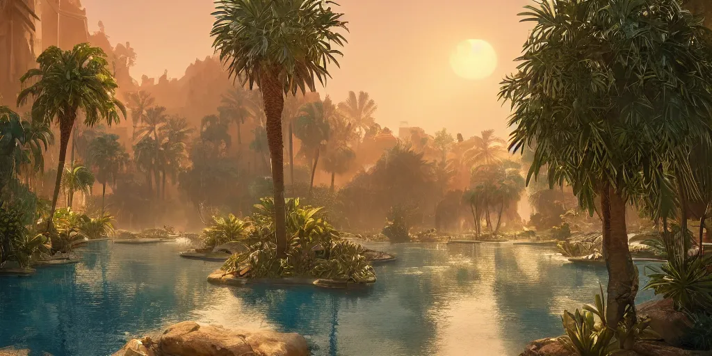 Image similar to beautiful oasis waterfalls surrounded by palm trees moroccan tile archways, date trees, ivory towers sunset peter morbacher ross tran angelarium greg rutkowski alchemy luxury heavenly light soft illumination, trending on artstation cinematic lighting digital painting octane render, artgerm