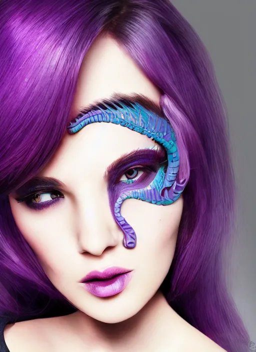 Image similar to photorealistic 3 0 0 0 cyclopes beautiful female with purple hair portrait photography feroflex photorealistic studio lighting ektachrome detailed intricate face details, ultradetails, beautiful face, realistic shaded perfect face, extremely fine details