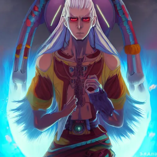 Image similar to anime portrait of an alien as a shaman yedi using dark force to eliminate trump as an anime antagonist by Stanley Artgerm Lau, WLOP, Rossdraws, James Jean, Andrei Riabovitchev, Marc Simonetti, and Sakimichan, trending on artstation