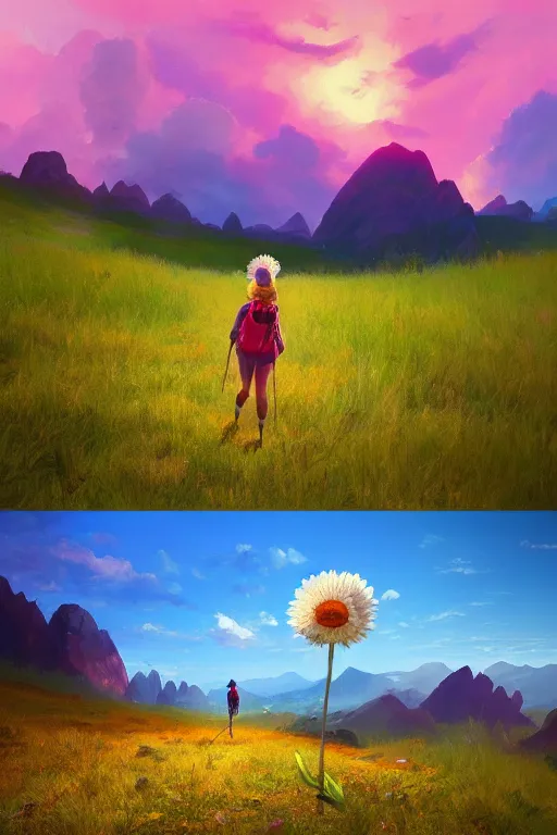 Image similar to giant daisy flower head, girl hiking in the mountains, surreal photography, sunrise, dramatic light, impressionist painting, colorful clouds, digital painting, artstation, simon stalenhag