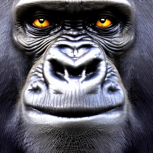 Image similar to amazing portrait of smile gorilla, 1 0 0 mm, natural lighting, hyper realistic