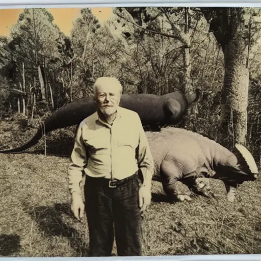 Prompt: old polaroid photo of an old man hunter standing proudly next to a triceratops corpse