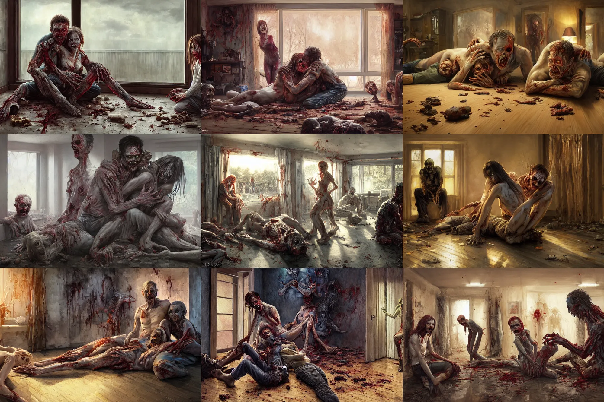 Prompt: zombie man sitting on the floor while devouring a woman, hugging each other in living room of a modern house | panoramic view | highly detailed | cinematic lighting | award - winning | painted by donato giancola and mandy jurgens and rossdraws and magali villeneuve | featured on artstation