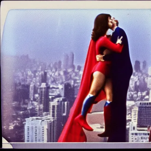 Image similar to a polaroid photo of superman kissing lois lane while flying over metropolis in 1978
