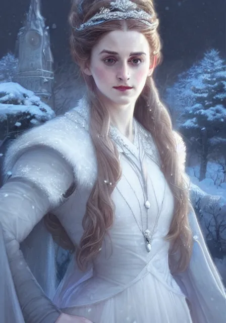 Image similar to sansa emma watson snow queen, intricate, elegant, highly detailed, digital painting, artstation, concept art, smooth, sharp focus, illustration, art by artgerm and greg rutkowski and alphonse mucha and william - adolphe bouguereau