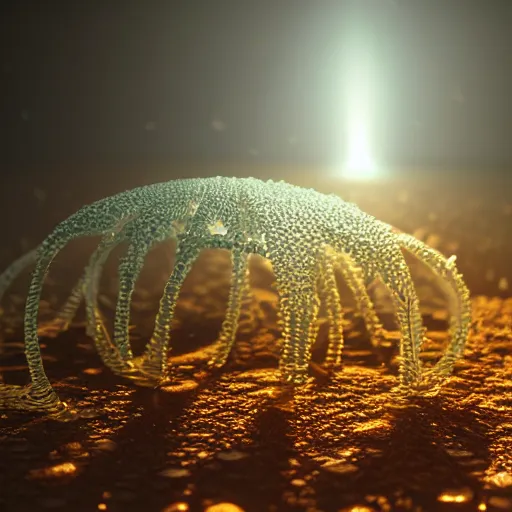 Image similar to a highly detailed 3 d render in octane and vray of a slime mold growing to golden ratio pattern floating in space. beautiful mystical lighting, mist, sigma 2 4 mm