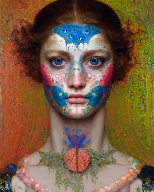 Image similar to a beautiful girl wearing colourful face paint surrounded by bright intricate patterns, by edgar maxence and caravaggio and michael whelan, intricate painting, hyper realistic, extremely detailed and beautiful aesthetic face, 8 k resolution