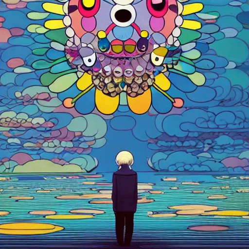 Image similar to a man walking on clouds away from the camera above a lake by takashi murakami, beeple and james jean, aya takano color style, 4 k, super detailed, modern, 4 k, symmetrical