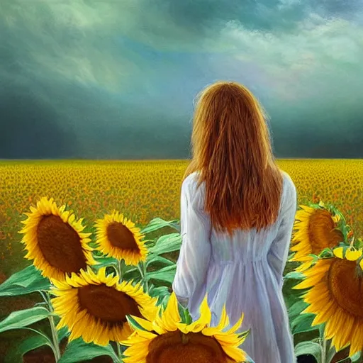 Image similar to a girl smelling one of sunflowers in an amazing tall sunflower field, hair flowing, fog, early morning lightning, subtle, intricate details, real masterpiece, oil on canvas, by somsak anong