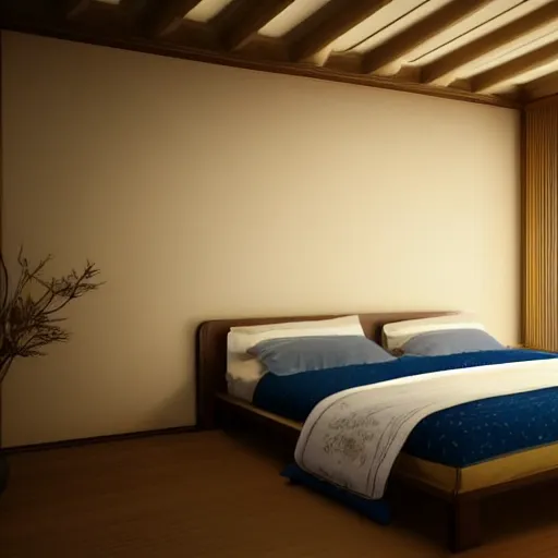 Image similar to still photo of a japanese bed room, highly detailed, photorealistic portrait, bright studio setting, studio lighting, crisp quality and light reflections, unreal engine 5 quality render