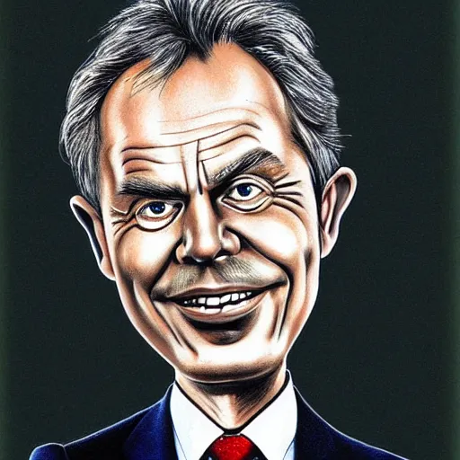 Prompt: detailed caricature drawing of tony blair done by tom richmond, mad magazine art