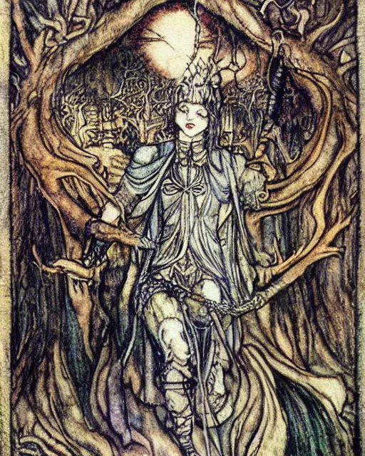 Image similar to tarot card detailed painting, illustration, tarot card framing with roman numbers, in style of Arthur Rackham