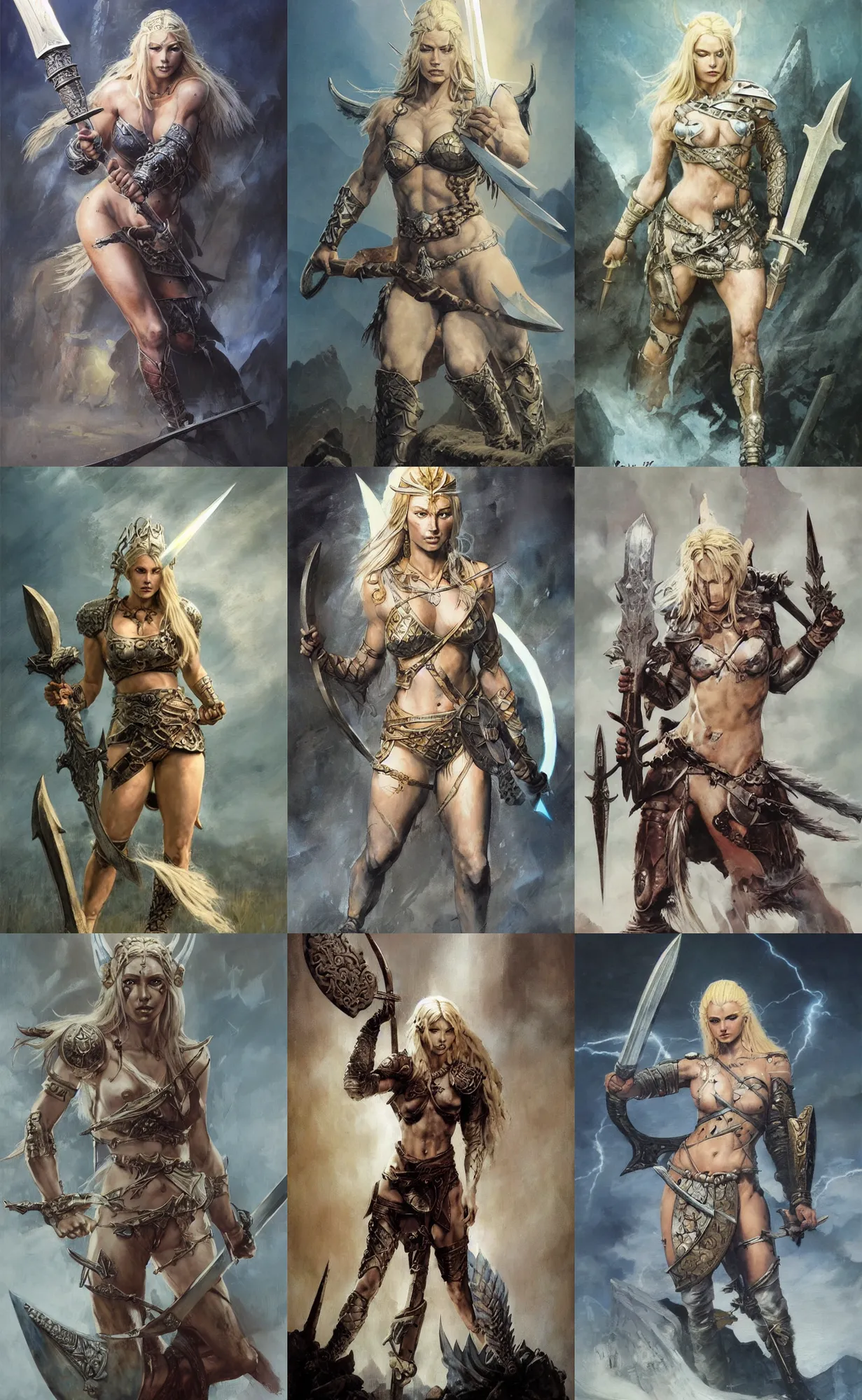 Image similar to A mixed media painting of the beautiful blonde viking goddess of war with a sword of lightning, very aesthetic, detailed face, by Frank Frazetta, Greg Rutkowski, Boris Vallejo, Beeple, Christian MacNevin, epic fantasy character art, goddess of anger, viking runes, high fantasy, CGsociety, full length, exquisite detail, post-processing, low angle, masterpiece, cinematic, odin's stone arena background