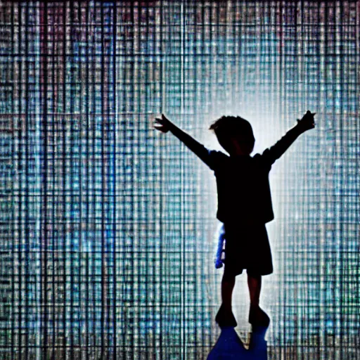 Prompt: pixelated child reaching up for more of the social media poison