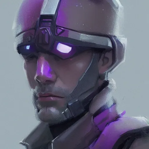 Image similar to concept art of a portrait by greg rutkowski, a soldier of the galactic dominion wearing gray and purple tactical gear, star wars expanded universe, smooth, sharp focus, artstation hq.