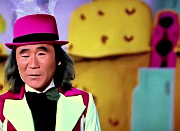 Image similar to film still of Takeshi 69 as Willy Wonka in Willy Wonka and the Chocolate Factory 1971