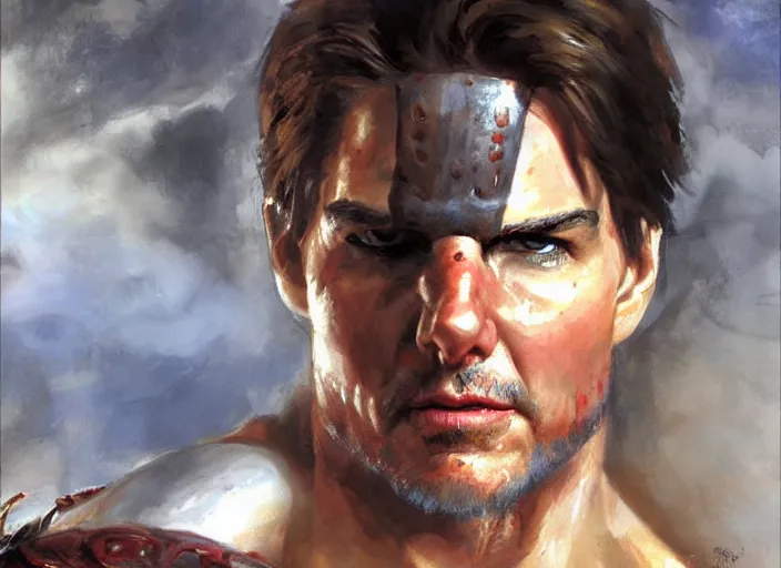 Image similar to a highly detailed beautiful portrait of tom cruise as kratos, by gregory manchess, james gurney, james jean