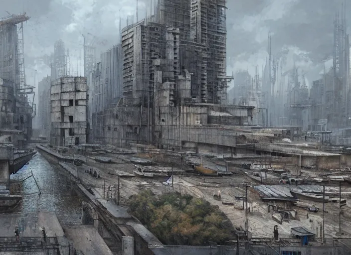 Prompt: a brutalist concrete harbor, architecture, a realistic digital painting by greg rutkowski and james gurney, trending on artstation, highly detailed