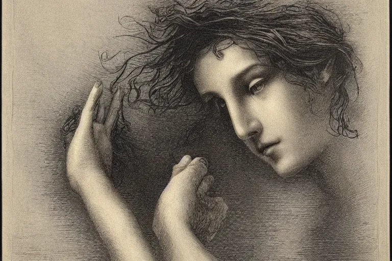 Image similar to woman hand, soft light, Gustave Dore lithography