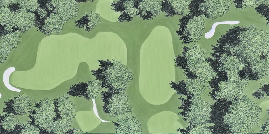 Image similar to top down pencil and oil drawing of a 18 hole golf course layout, there is water all around, many bushes and trees, minimalistic, flat, high res