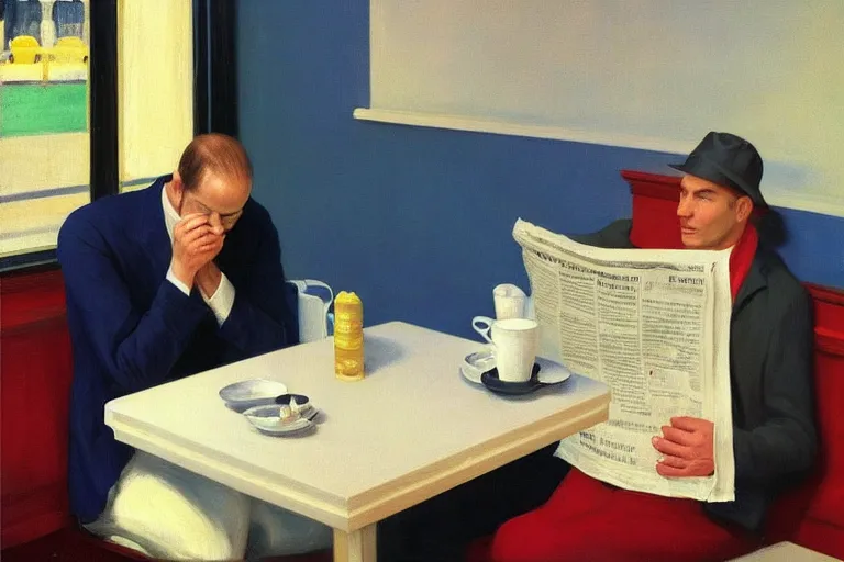 Image similar to william birkin reading a newspaper at a cafe. a waiter is pouring coffee. painting by edward hopper, 3 d rendering by beeple, 8 k, comfy