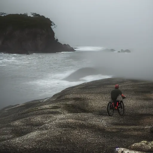 Image similar to a scene from a fever dream, Bicycling on a rocky path in 1st person entering the scary murky ocean!! Fog! Ultra realistic! 25mm f/1.7 ASPH Lens!