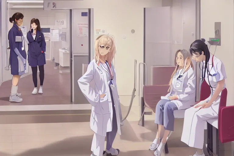 Prompt: a beautiful young female doctor wearing white coat are talking with a nurse wearing pink coat in a hospital ward, highly detailed, digital painting, slice of life anime, illustration, anime scenery by Makoto shinkai