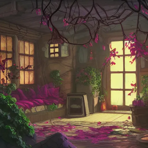 Image similar to concept art painting of a interior of a cozy alien fantasy cottage, with black vines and magenta houseplants, realistic, detailed, cel shaded, dark, in the style of makoto shinkai and greg rutkowski and james gurney