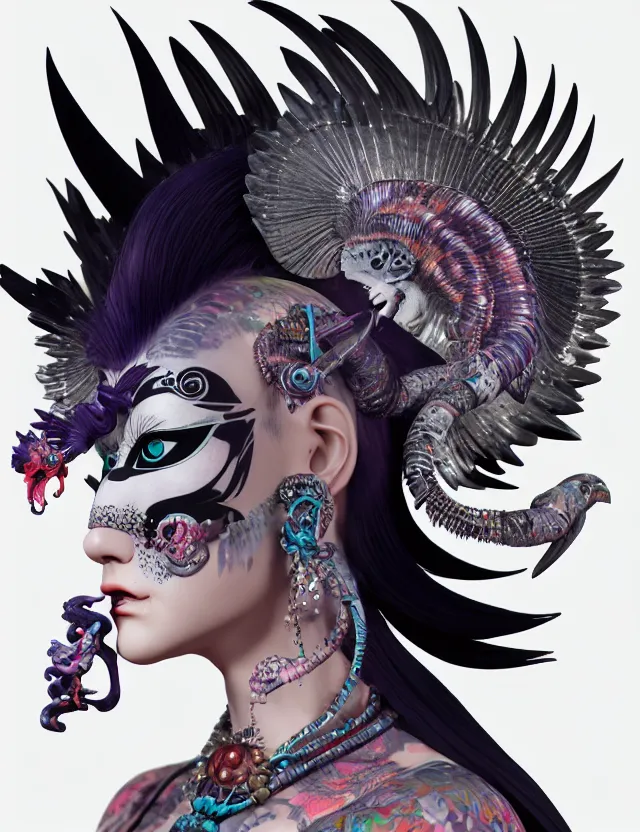 Image similar to 3 d goddess close - up profile portrait punk with mohawk with ram skull. beautiful intricately detailed japanese crow kitsune mask and clasical japanese kimono. betta fish, jellyfish phoenix, bio luminescent, plasma, ice, water, wind, creature, artwork by tooth wu and wlop and beeple and greg rutkowski