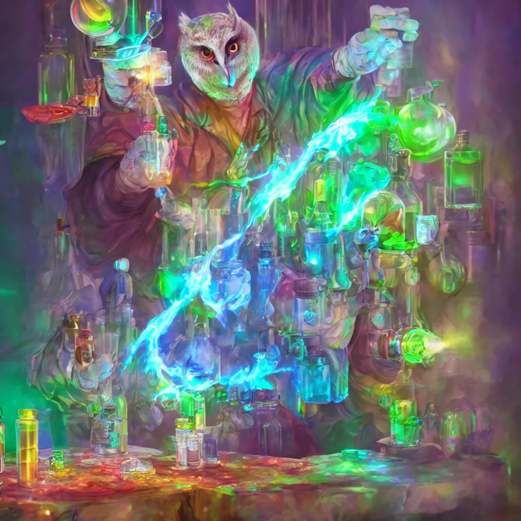 Image similar to an owl - sorcerer mixing colored liquids in vials in his science lab, photorealistic character concept artstation