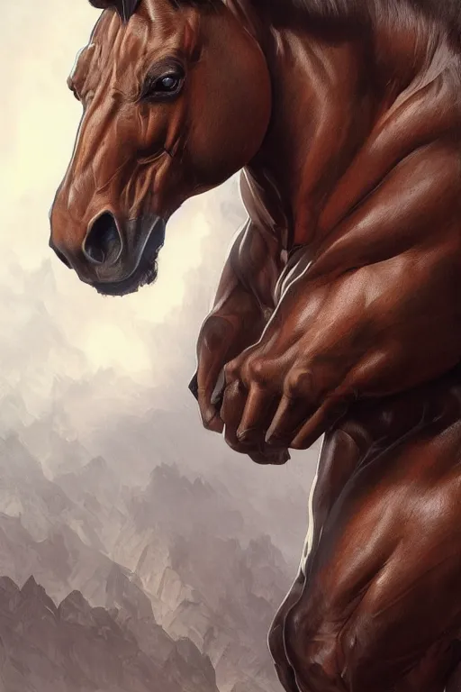 Image similar to portrait of hulking anthro horse whose physique is bursting with muscle, leather catsuit, test subject, monstrous, full body, sci - fi, highly detailed, digital painting, artstation, concept art, sharp focus, illustration, art by artgerm and greg rutkowski and alphonse mucha