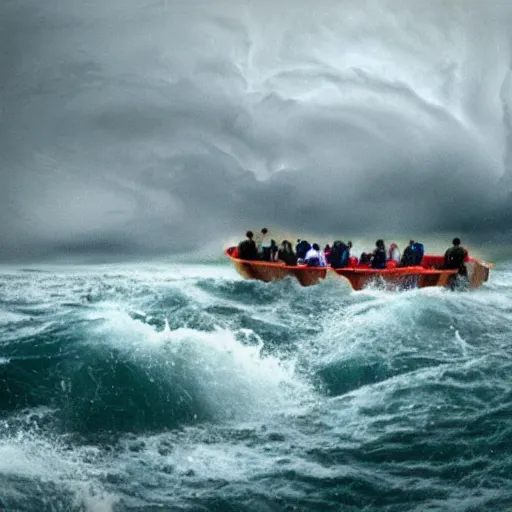 Image similar to a picture of a lot of people in a boat in the middle of a storm.