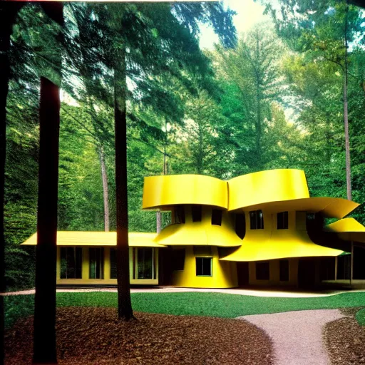 Image similar to architecture ad for a mid-century modern house in the middle of the forrest, designed by Frank Gehry. Film grain, cinematic, colorized, yellow hue