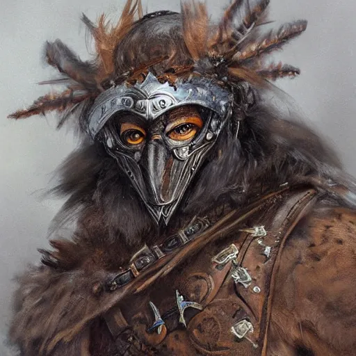 Prompt: a portrait of a crow druid dressed with a leather armor, by justin gerard and jean baptiste monge, digital art, realistic painting, dnd, character design, trending on artstation