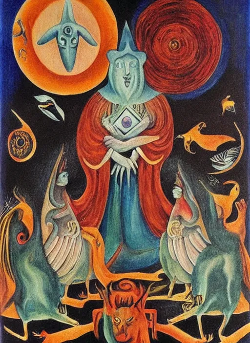 Image similar to tarot card by leonora carrington in the style of a psychedelic 6 0's poster