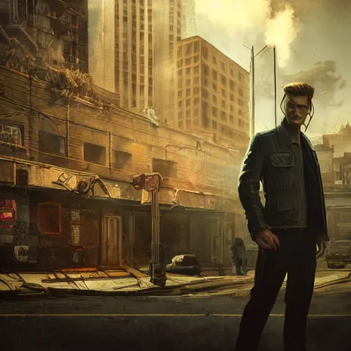 Image similar to fallout 5, charismatic david bowie, portrait, outdoors ruined cityscape, atmospheric lighting, painted, intricate, volumetric lighting, beautiful, daytime, sunny weather, slight overcast, sharp focus, deep colours, ultra detailed, by leesha hannigan, ross tran, thierry doizon, kai carpenter, ignacio fernandez rios