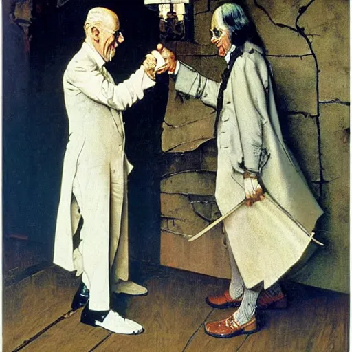 Image similar to norman rockwell painting of ben franklin shaking hands with dracula