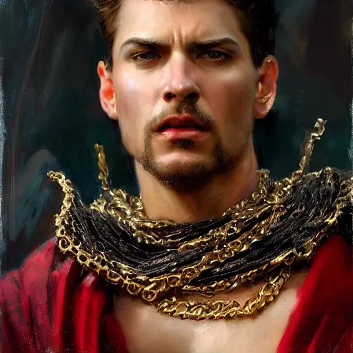 Image similar to detailed realistic cinematic wide shot of beautiful attractive muscular roman empreror gold chain wearing royal red clothes slim face symettrical face clean skin black eyes black robe smooth, sharp focus, ultra realistic, spring light, painting by gaston bussiere, craig mullins, j. c. leyendecker