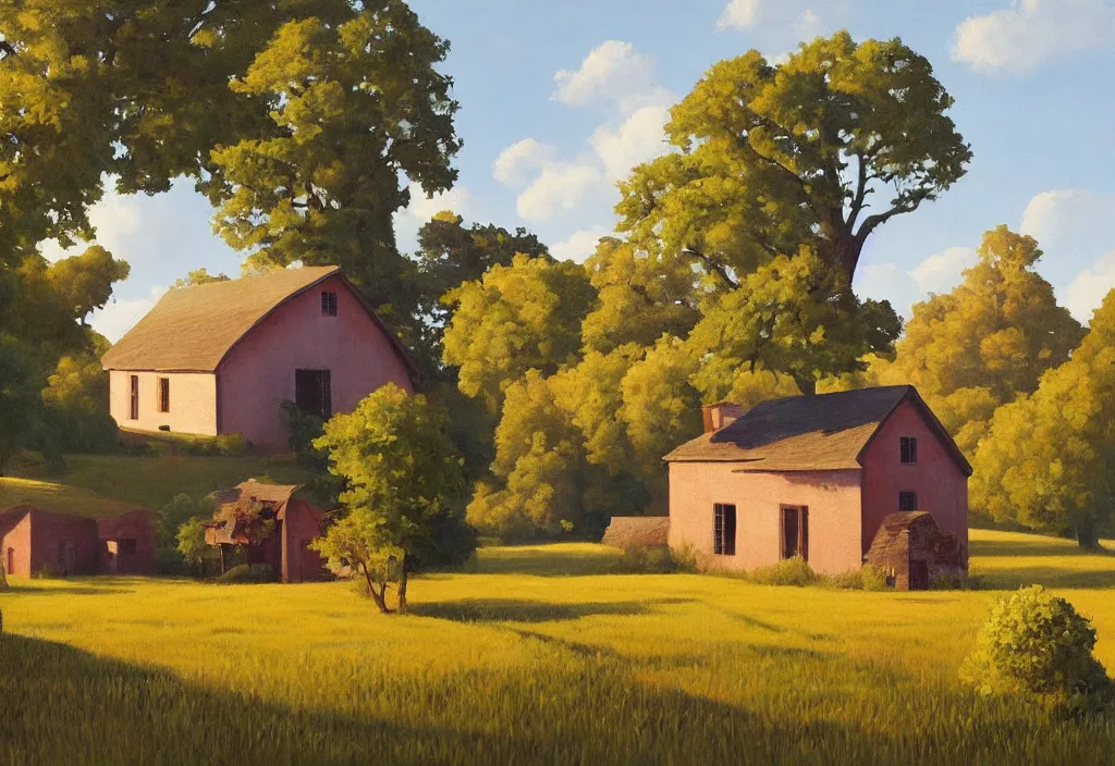 Prompt: a landscape painting of an old farm house in the countryside, summer, painting by kenton nelson, early morning light, puffy couds