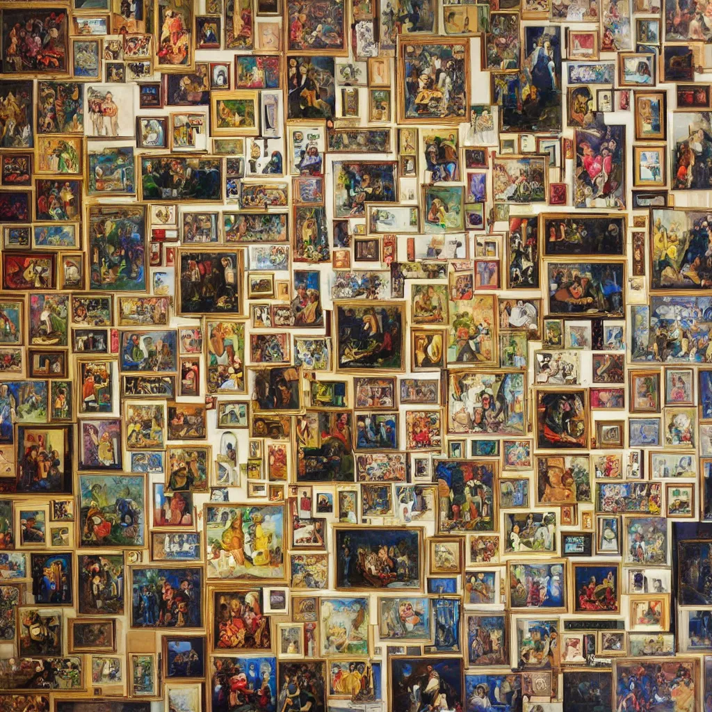 Prompt: a wall with a collage of world's six most expensive paintings