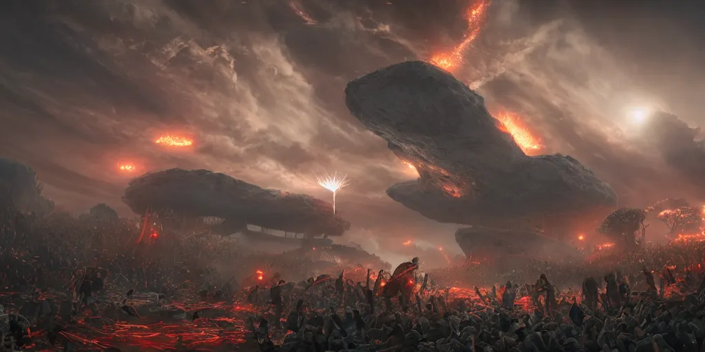Prompt: meteorites falls from the red sky upon afootball stadium, crowds panic, James Paick, Dan Seagrave, Unreal Engine, cinematic photography, high resolution
