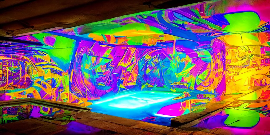 Image similar to backflip into a pool caustics lighting impressive colorful masterpiece graffiti hyper perspective