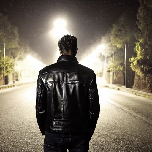 Image similar to movie shot of young man from back pacing lowering head dressed in short leather bomber jacket to empty narrow alley with street lamps in park with pines to the horizon, with hands in pockets, snowfall at night, mullet long haircut, black hairs, cinematic, dramatic, detailed, realistic, movie shot, low lighting