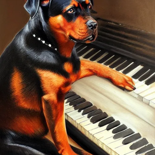 Image similar to rottweiler playing the piano, oil painting, artgerm, portrait, highly detailed, artstation