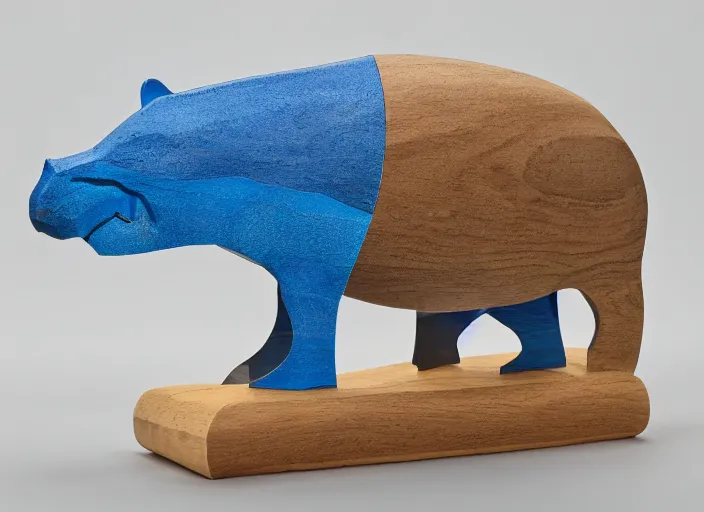 Image similar to a minimalist curvy shaped sculpture of hippopotamus! baby, bottom made half wood, top half blue translucid resin epoxy, cubic blocks stripes cuts, side view profile centered, studio, design, object